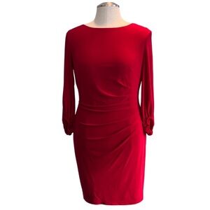 Anne Klein Red Sheath Cocktail Midi Dress Side Ruching Boat Neck Long Sleeves 10